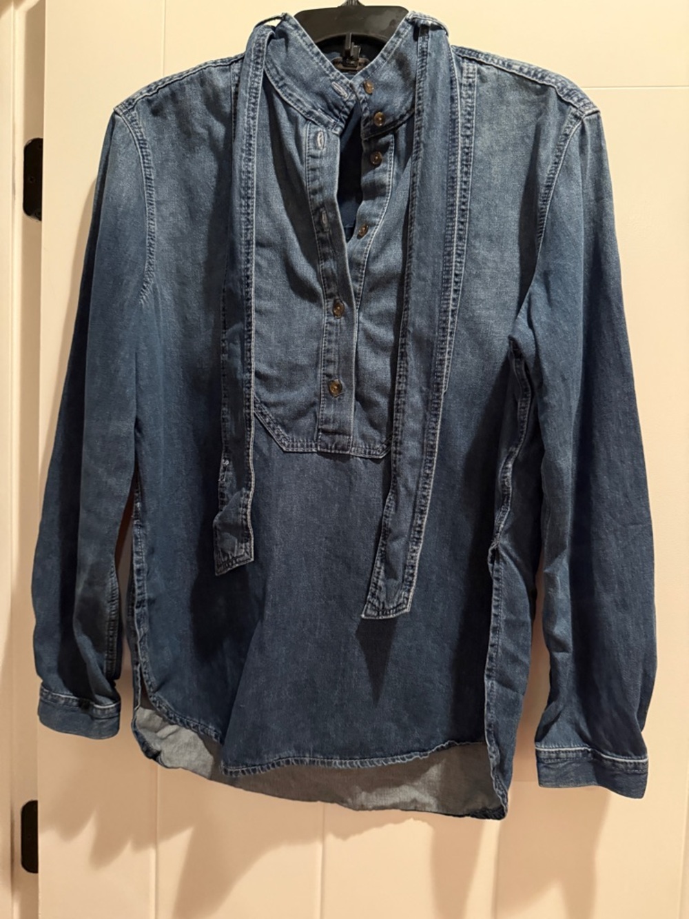 Banana Republic Medium Wash Denim Tie-Neck Pullover Shirt